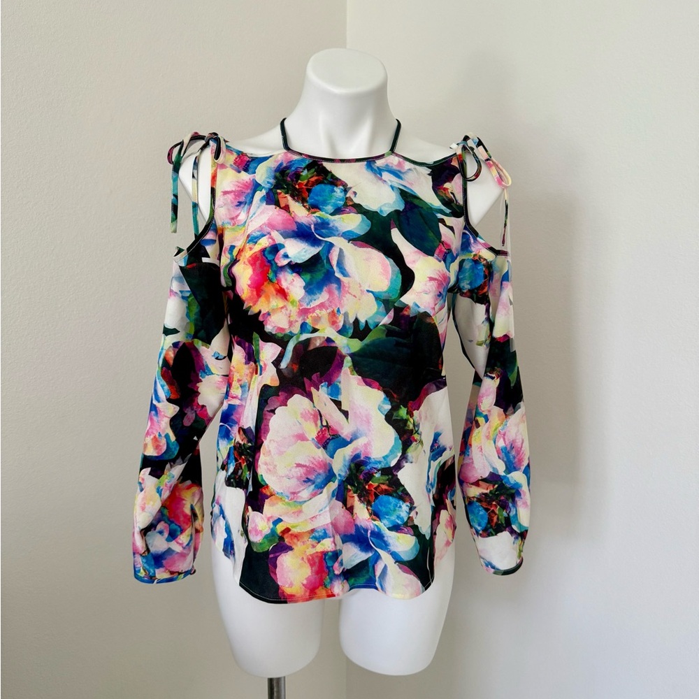 Nicole Miller Artelier Bright Floral Colorful Cold Shoulder Blouse Small